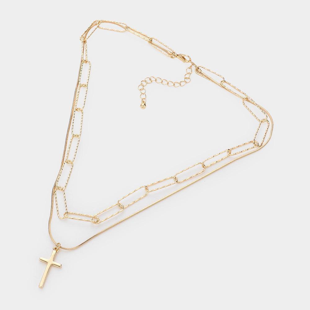 Gold Stone Paved Cross Pendant Metal Paperclip Link Chain Layered Necklace - Jewelry Store by Erik Rayo