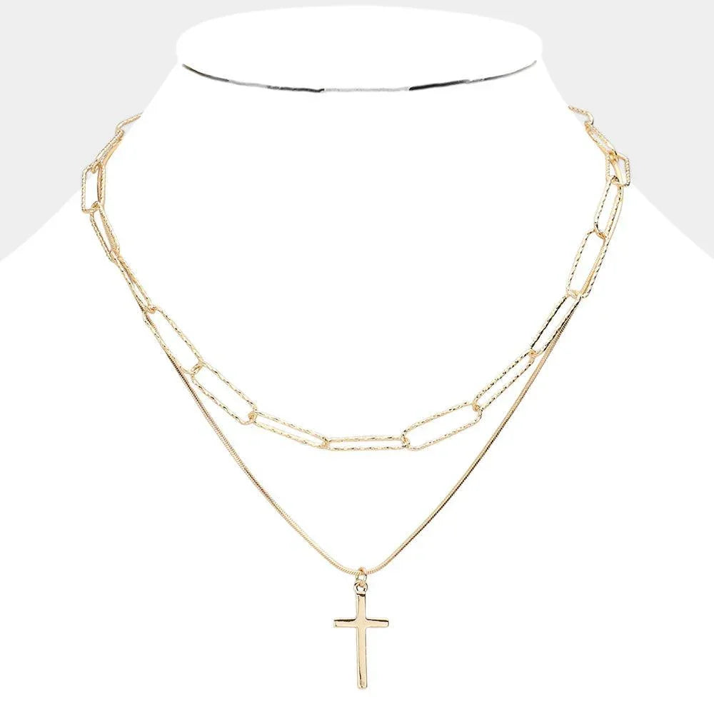 Gold Stone Paved Cross Pendant Metal Paperclip Link Chain Layered Necklace - Jewelry Store by Erik Rayo
