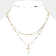 Load image into Gallery viewer, Gold Stone Paved Cross Pendant Metal Paperclip Link Chain Layered Necklace
