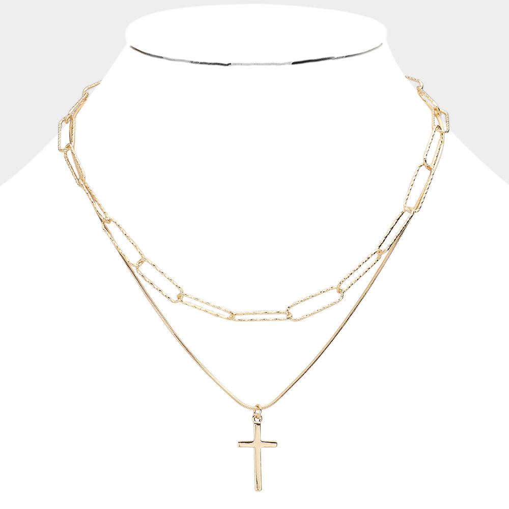 Gold Stone Paved Cross Pendant Metal Paperclip Link Chain Layered Necklace