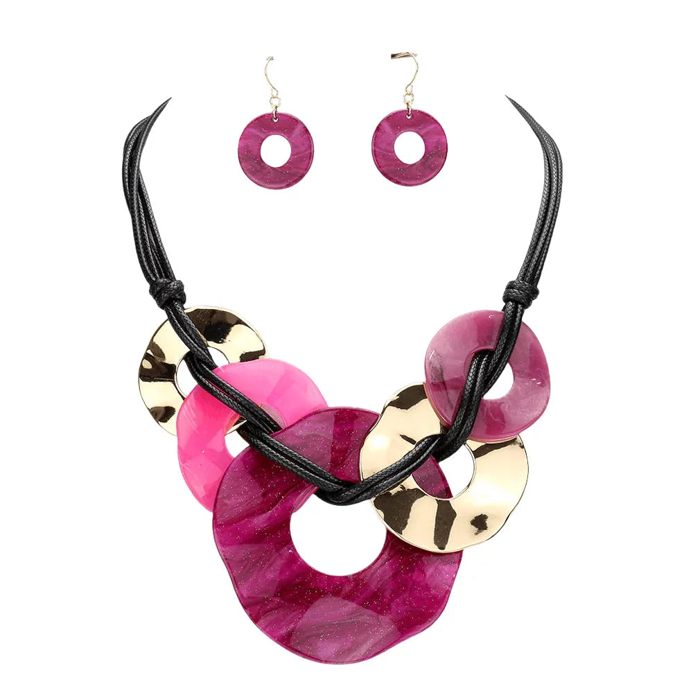 Fuchsia Glittered Abstract Open Resin Metal Link Necklace - Jewelry Store by Erik Rayo