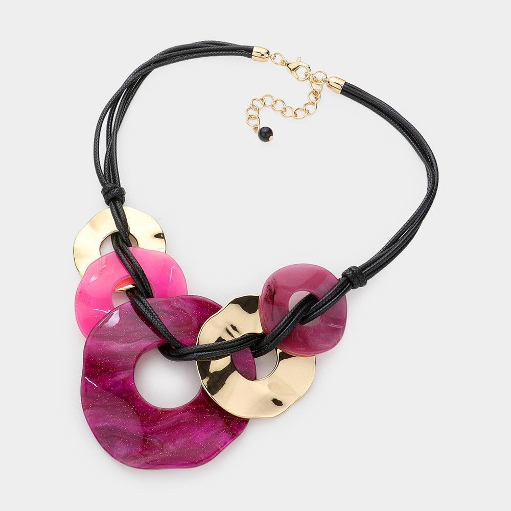 Fuchsia Glittered Abstract Open Resin Metal Link Necklace - Jewelry Store by Erik Rayo