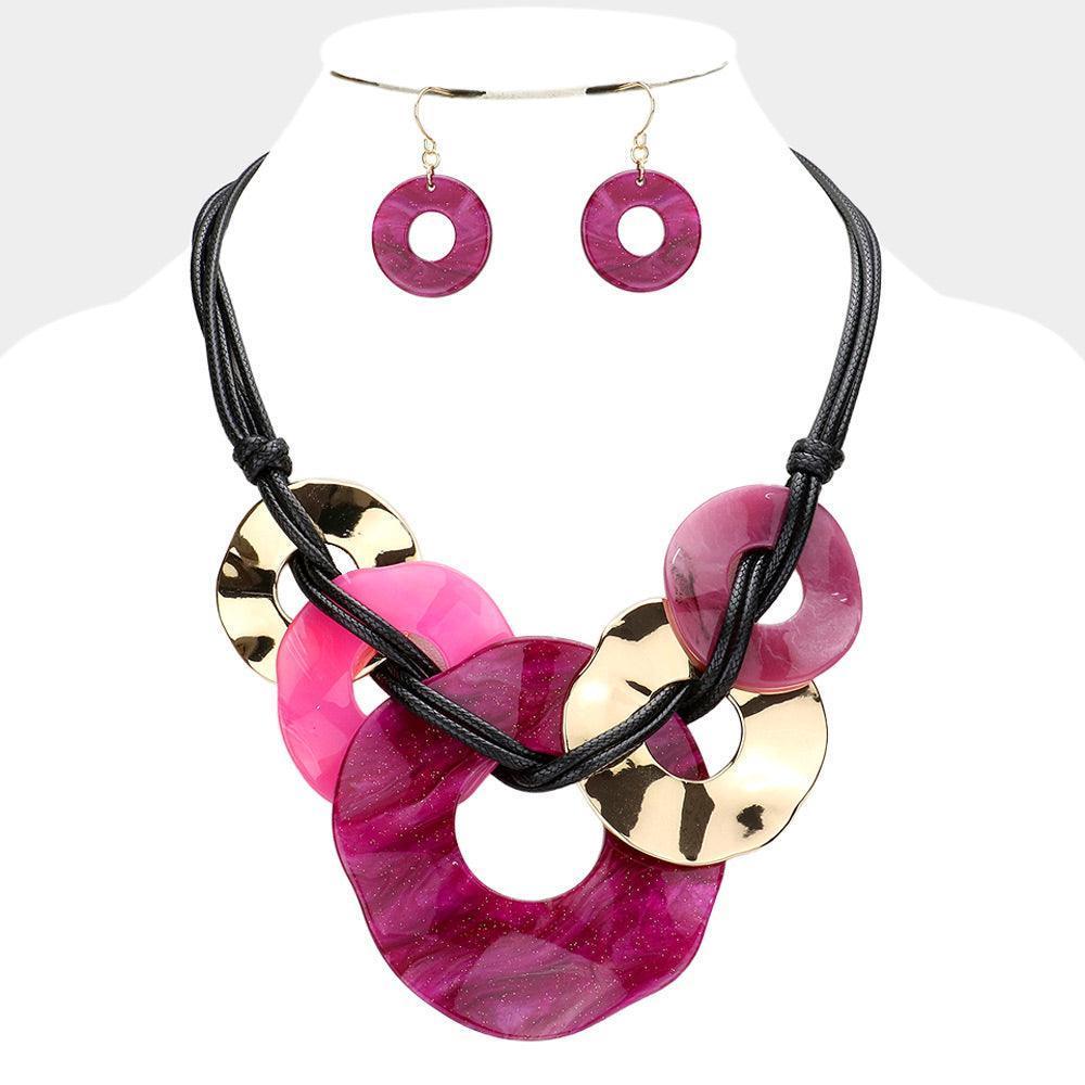 Fuchsia Glittered Abstract Open Resin Metal Link Necklace - Jewelry Store by Erik Rayo