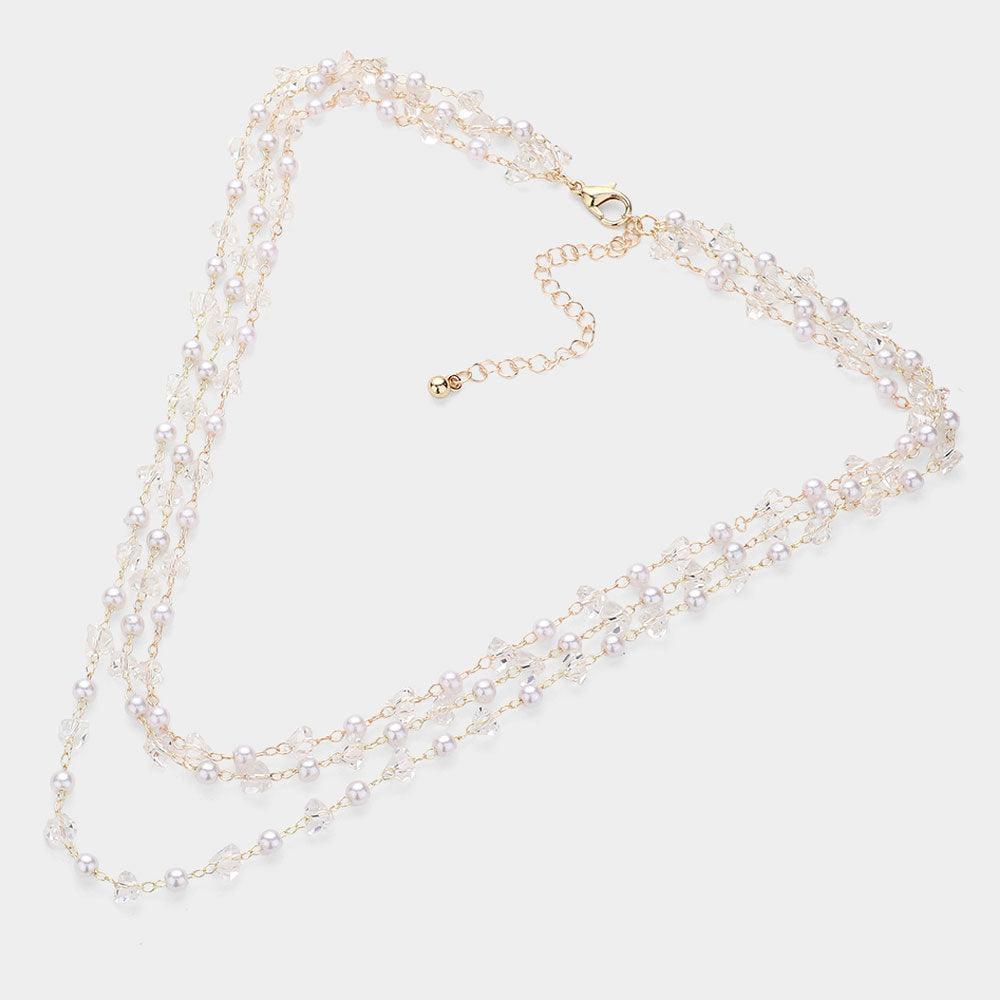 Gold Pearl Faceted Bead Station Triple Layered Necklace - Jewelry Store by Erik Rayo