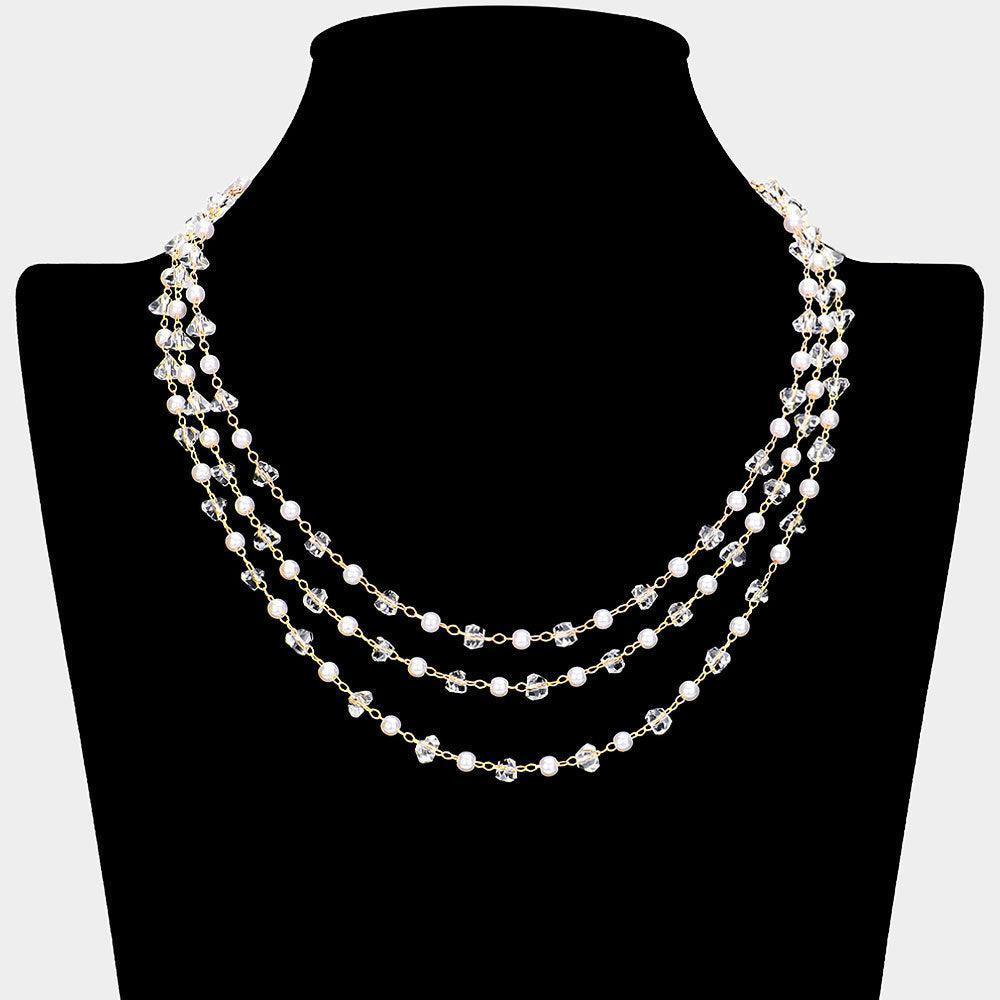 Gold Pearl Faceted Bead Station Triple Layered Necklace - Jewelry Store by Erik Rayo