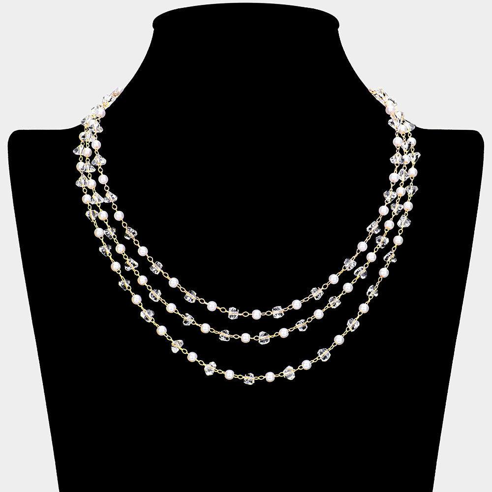 Gold Pearl Faceted Bead Station Triple Layered Necklace