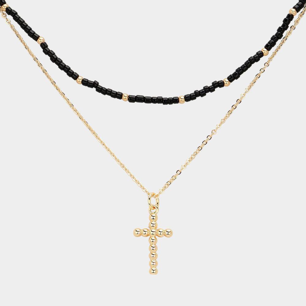 Black Metal Ball Cross Pendant Seed Beaded Double Layered Necklace - Jewelry Store by Erik Rayo