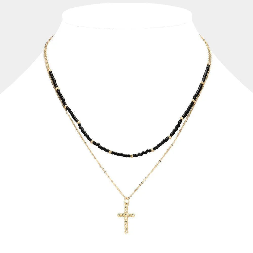 Black Metal Ball Cross Pendant Seed Beaded Double Layered Necklace - Jewelry Store by Erik Rayo