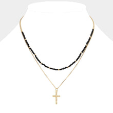 Load image into Gallery viewer, Black Metal Ball Cross Pendant Seed Beaded Double Layered Necklace
