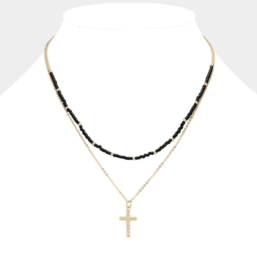 Black Metal Ball Cross Pendant Seed Beaded Double Layered Necklace