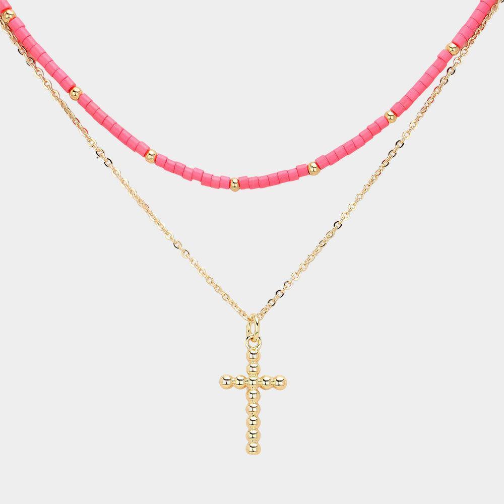 Pink Metal Ball Cross Pendant Seed Beaded Double Layered Necklace - Jewelry Store by Erik Rayo