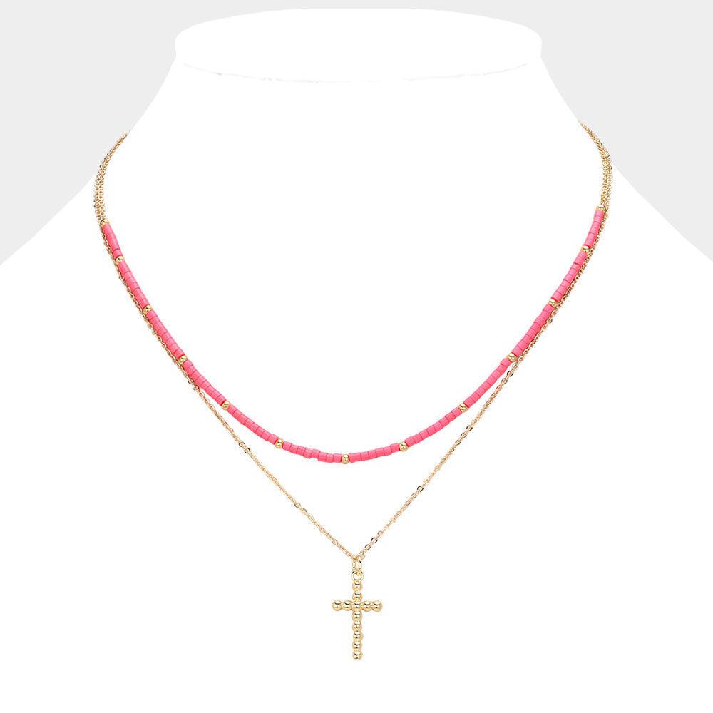 Pink Metal Ball Cross Pendant Seed Beaded Double Layered Necklace