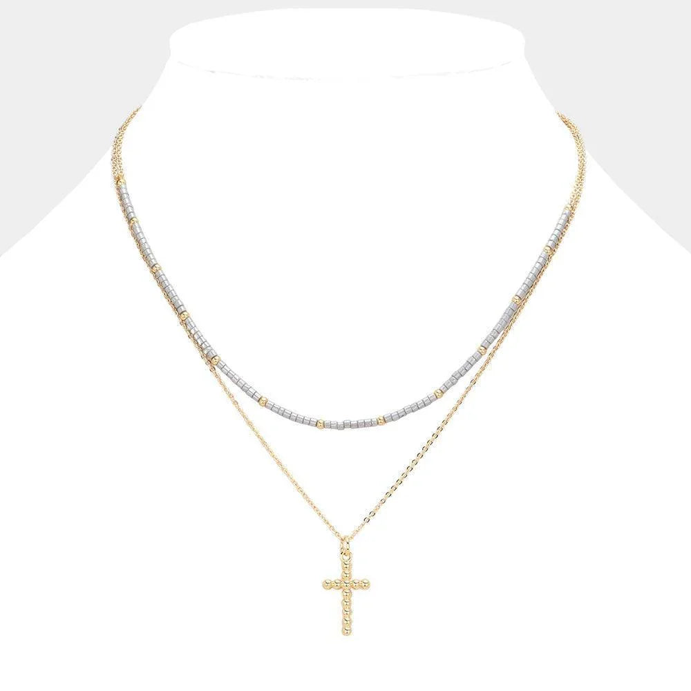 Silver Metal Ball Cross Pendant Seed Beaded Double Layered Necklace - Jewelry Store by Erik Rayo
