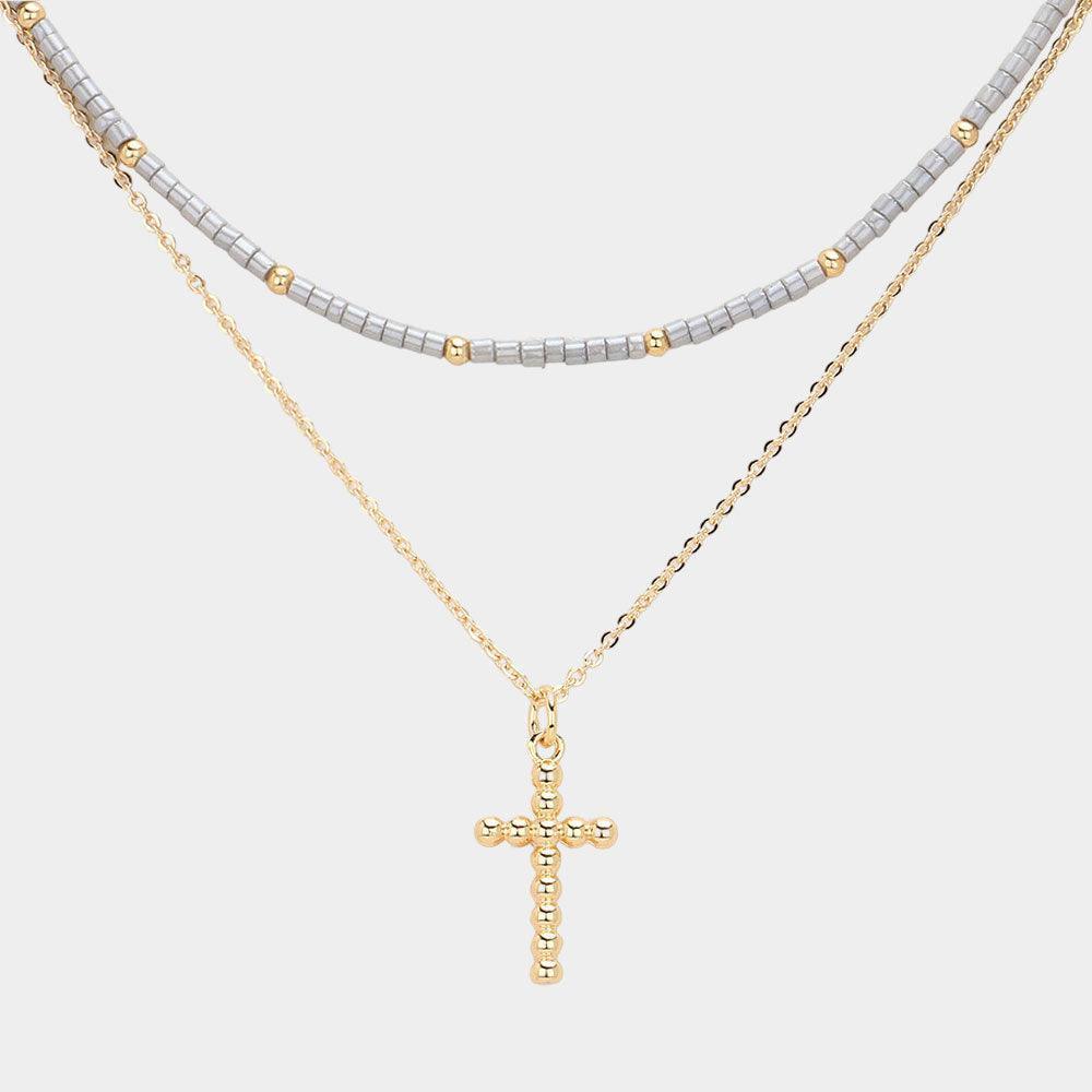 Silver Metal Ball Cross Pendant Seed Beaded Double Layered Necklace - Jewelry Store by Erik Rayo