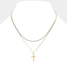 Load image into Gallery viewer, Silver Metal Ball Cross Pendant Seed Beaded Double Layered Necklace
