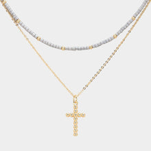 Load image into Gallery viewer, Silver Metal Ball Cross Pendant Seed Beaded Double Layered Necklace
