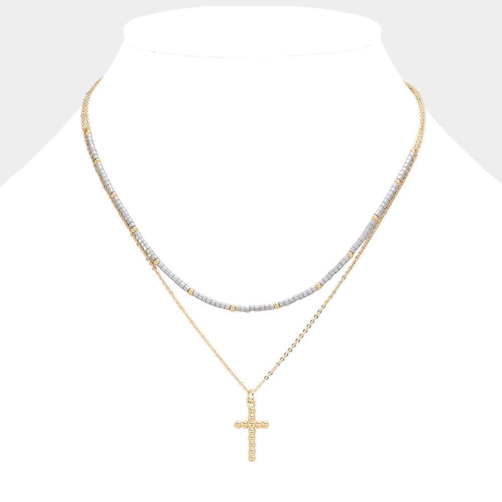 Silver Metal Ball Cross Pendant Seed Beaded Double Layered Necklace