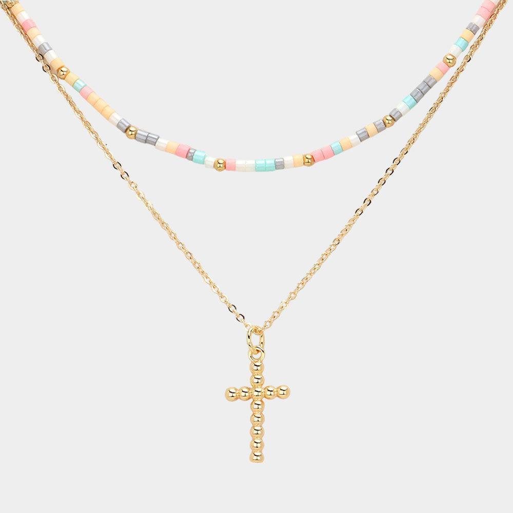 Metal Ball Cross Pendant Seed Beaded Double Layered Necklace - Jewelry Store by Erik Rayo