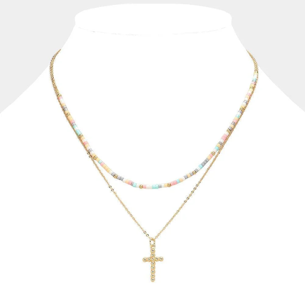 Metal Ball Cross Pendant Seed Beaded Double Layered Necklace - Jewelry Store by Erik Rayo