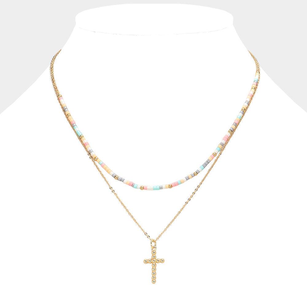 Metal Ball Cross Pendant Seed Beaded Double Layered Necklace