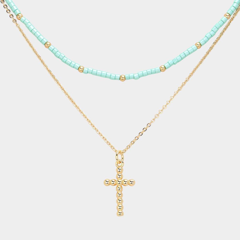 Turquoise Metal Ball Cross Pendant Seed Beaded Double Layered Necklace - Jewelry Store by Erik Rayo