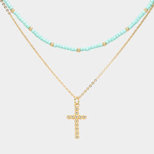 Load image into Gallery viewer, Turquoise Metal Ball Cross Pendant Seed Beaded Double Layered Necklace
