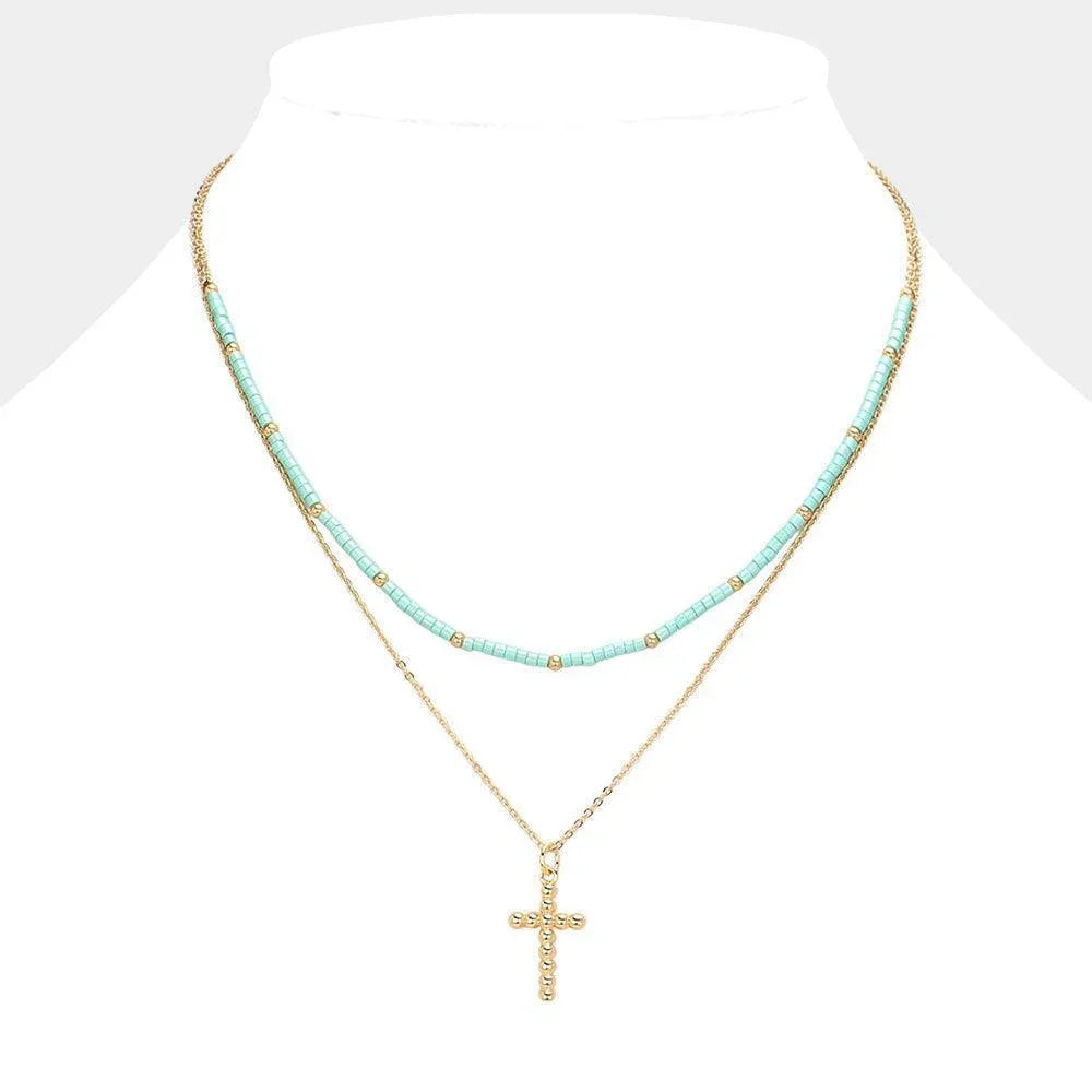 Turquoise Metal Ball Cross Pendant Seed Beaded Double Layered Necklace - Jewelry Store by Erik Rayo