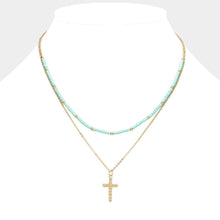 Load image into Gallery viewer, Turquoise Metal Ball Cross Pendant Seed Beaded Double Layered Necklace
