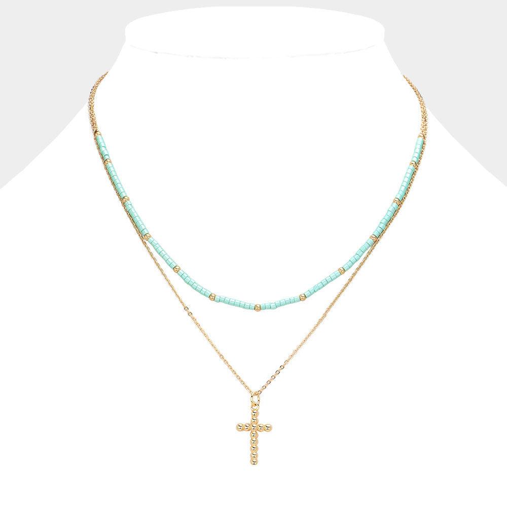 Turquoise Metal Ball Cross Pendant Seed Beaded Double Layered Necklace