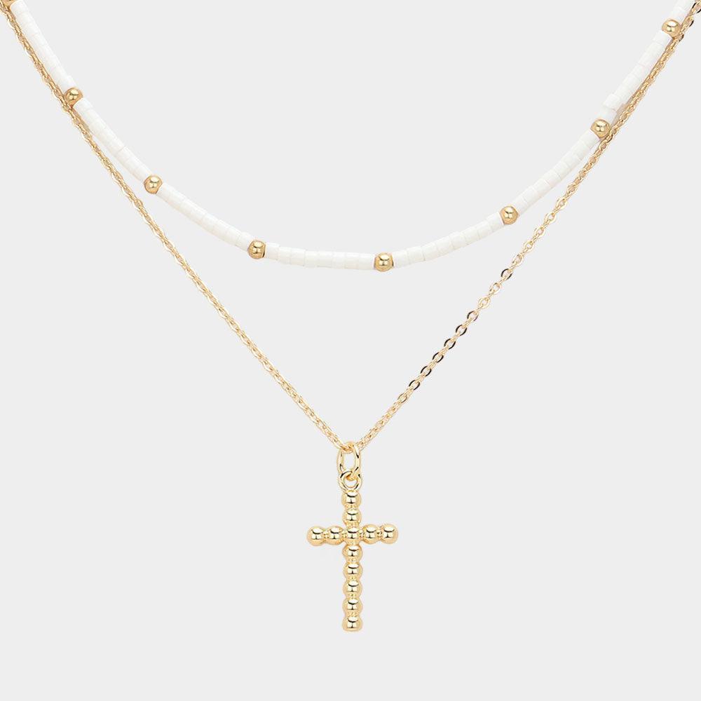 White Metal Ball Cross Pendant Seed Beaded Double Layered Necklace - Jewelry Store by Erik Rayo