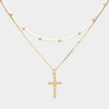 Load image into Gallery viewer, White Metal Ball Cross Pendant Seed Beaded Double Layered Necklace
