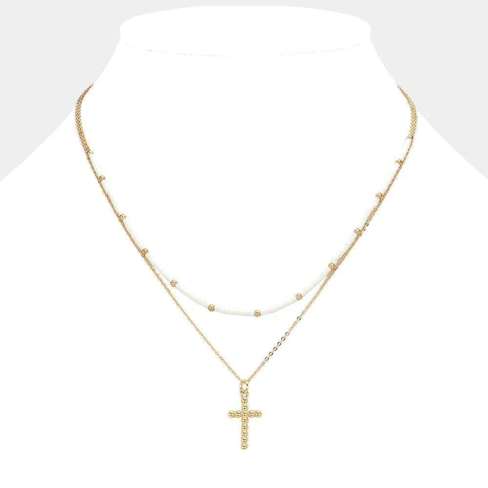 White Metal Ball Cross Pendant Seed Beaded Double Layered Necklace - Jewelry Store by Erik Rayo