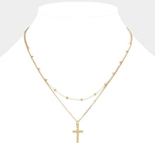 Load image into Gallery viewer, White Metal Ball Cross Pendant Seed Beaded Double Layered Necklace
