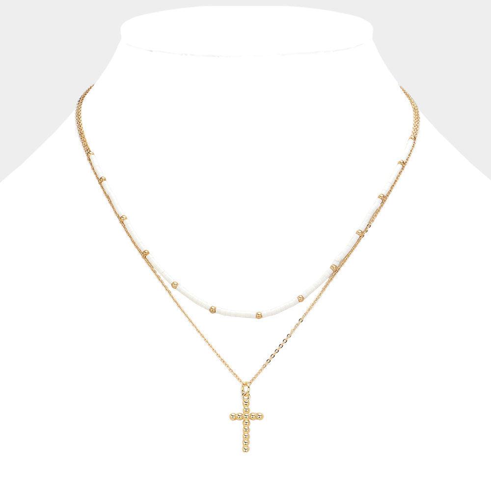 White Metal Ball Cross Pendant Seed Beaded Double Layered Necklace