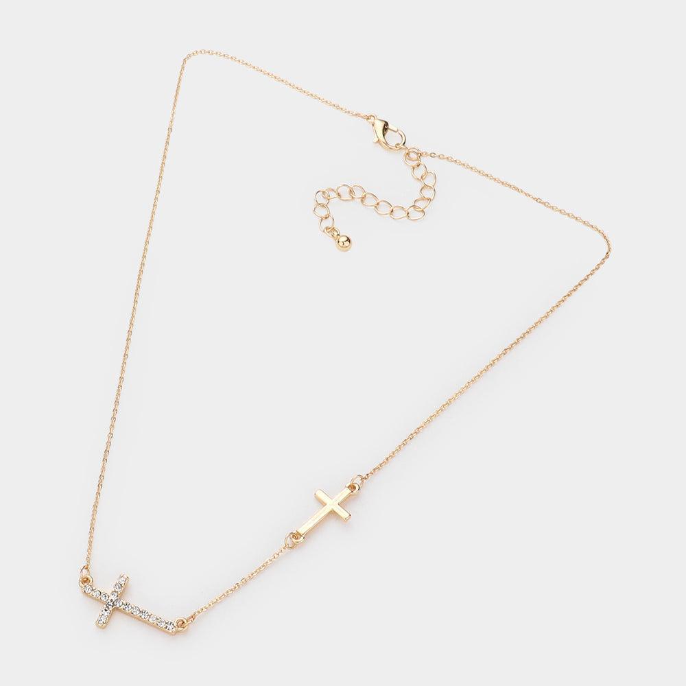 Gold Stone Paved Cross Pendant Sideway Necklace - Jewelry Store by Erik Rayo