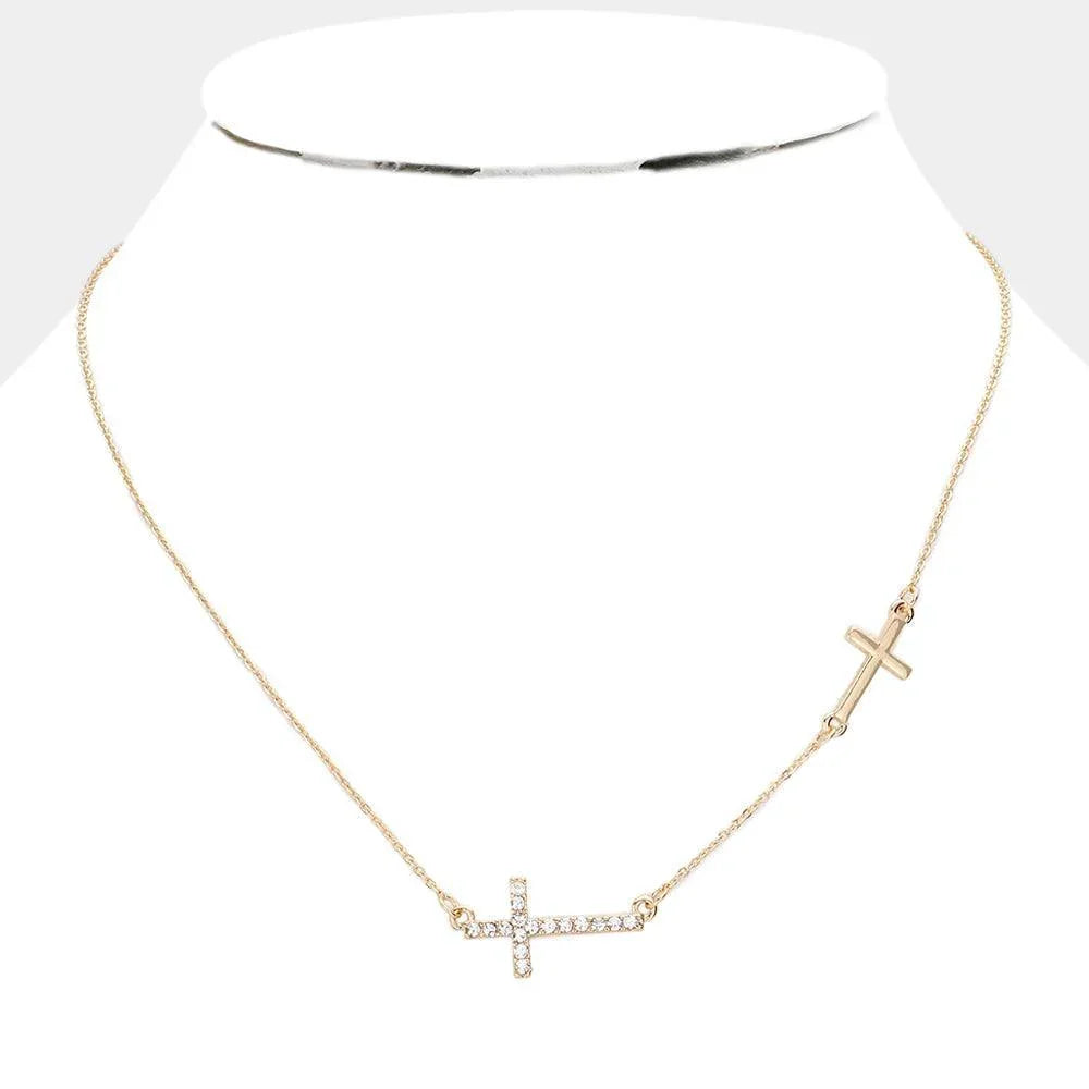 Gold Stone Paved Cross Pendant Sideway Necklace - Jewelry Store by Erik Rayo