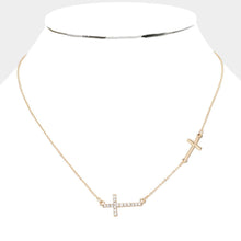 Load image into Gallery viewer, Gold Stone Paved Cross Pendant Sideway Necklace
