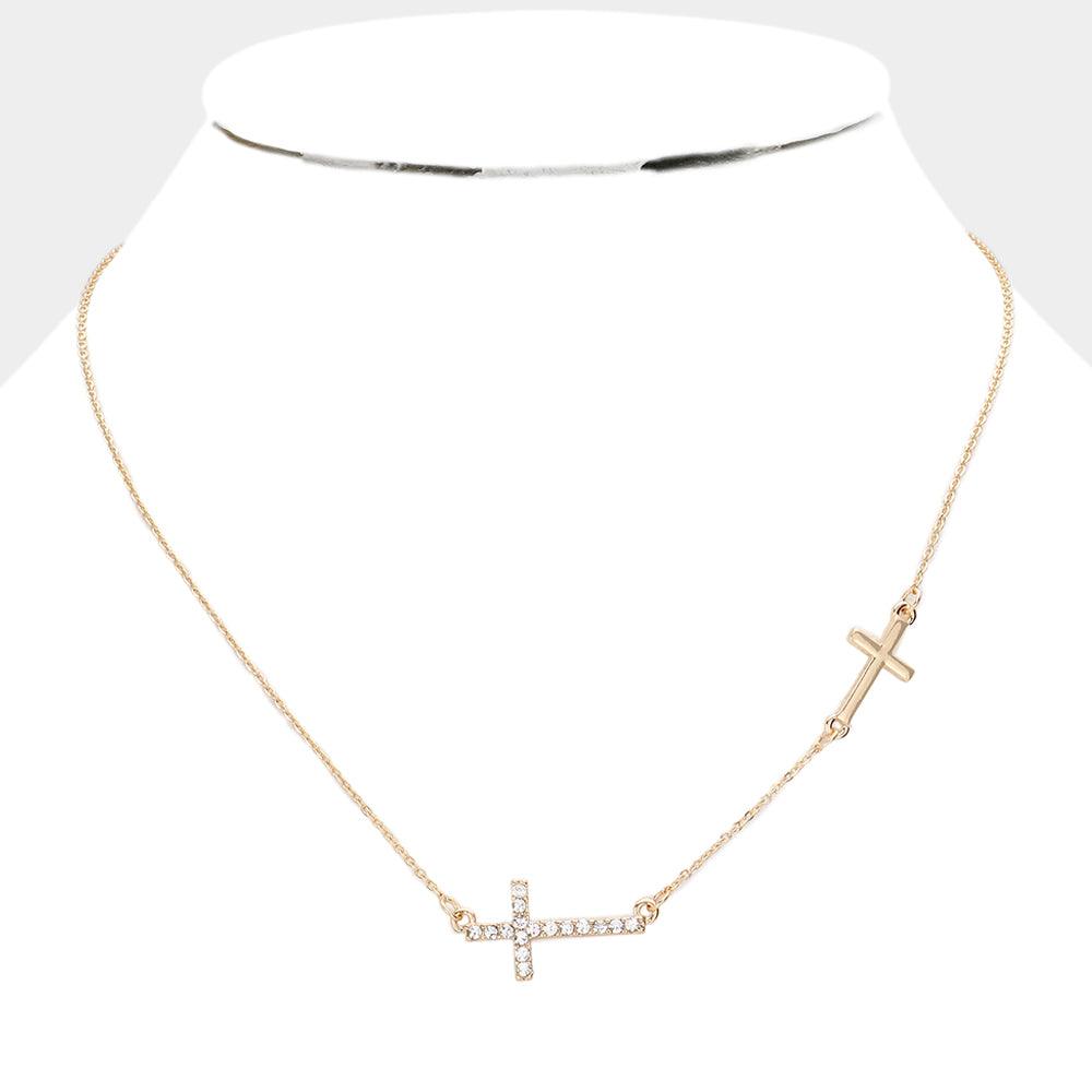 Gold Stone Paved Cross Pendant Sideway Necklace