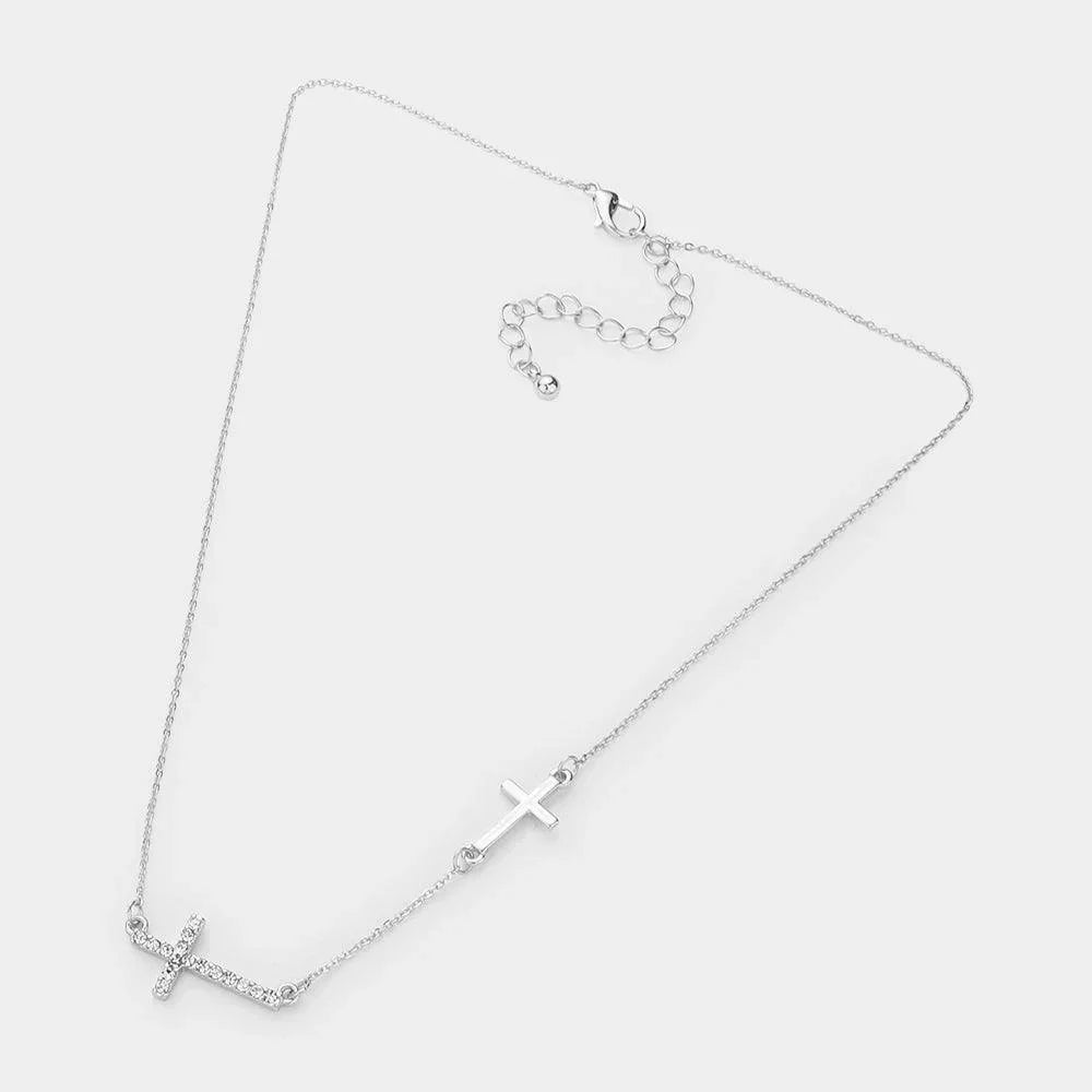 Silver Stone Paved Cross Pendant Sideway Necklace - Jewelry Store by Erik Rayo