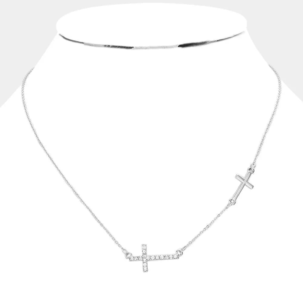 Silver Stone Paved Cross Pendant Sideway Necklace - Jewelry Store by Erik Rayo