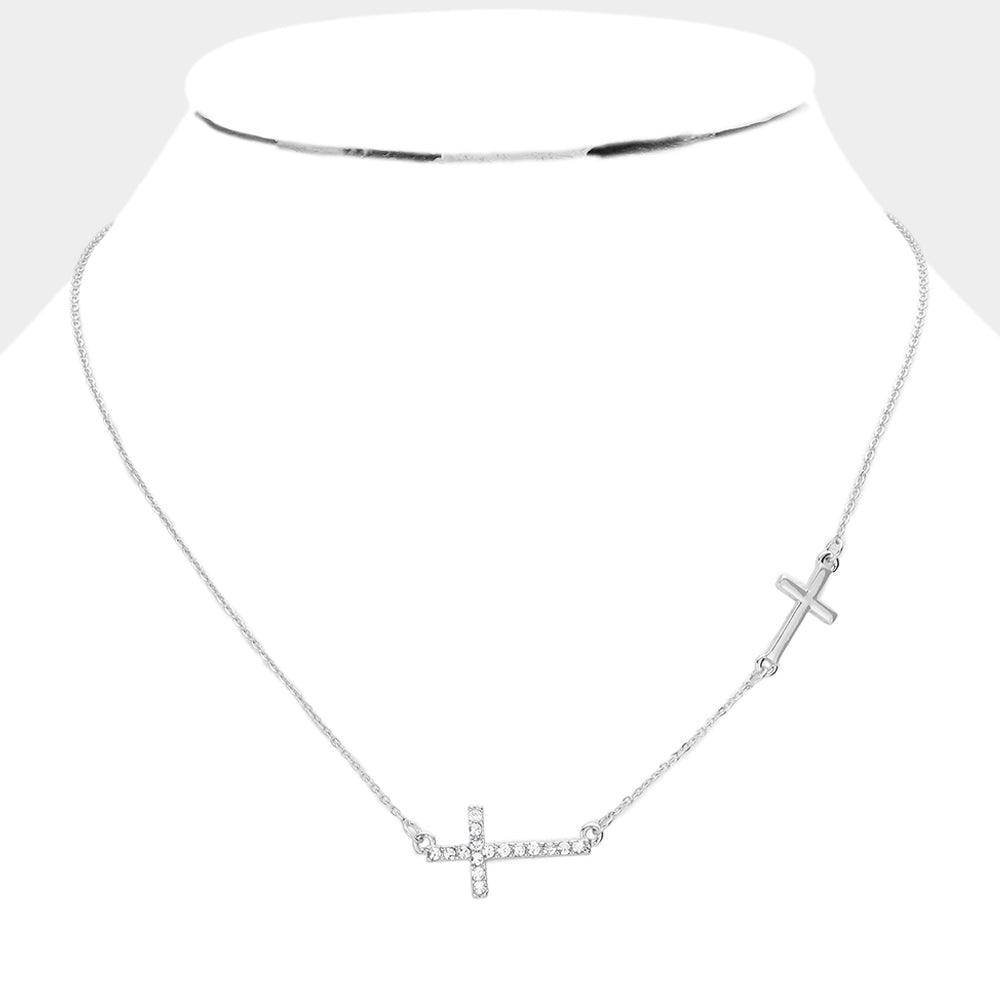 Silver Stone Paved Cross Pendant Sideway Necklace