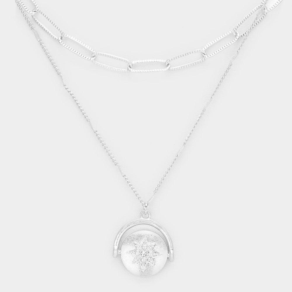 Stone Centered North Star Metal Round Pendant Triple Layered Necklace - Jewelry Store by Erik Rayo