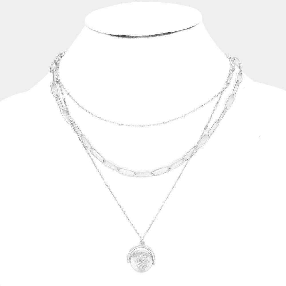 Stone Centered North Star Metal Round Pendant Triple Layered Necklace - Jewelry Store by Erik Rayo