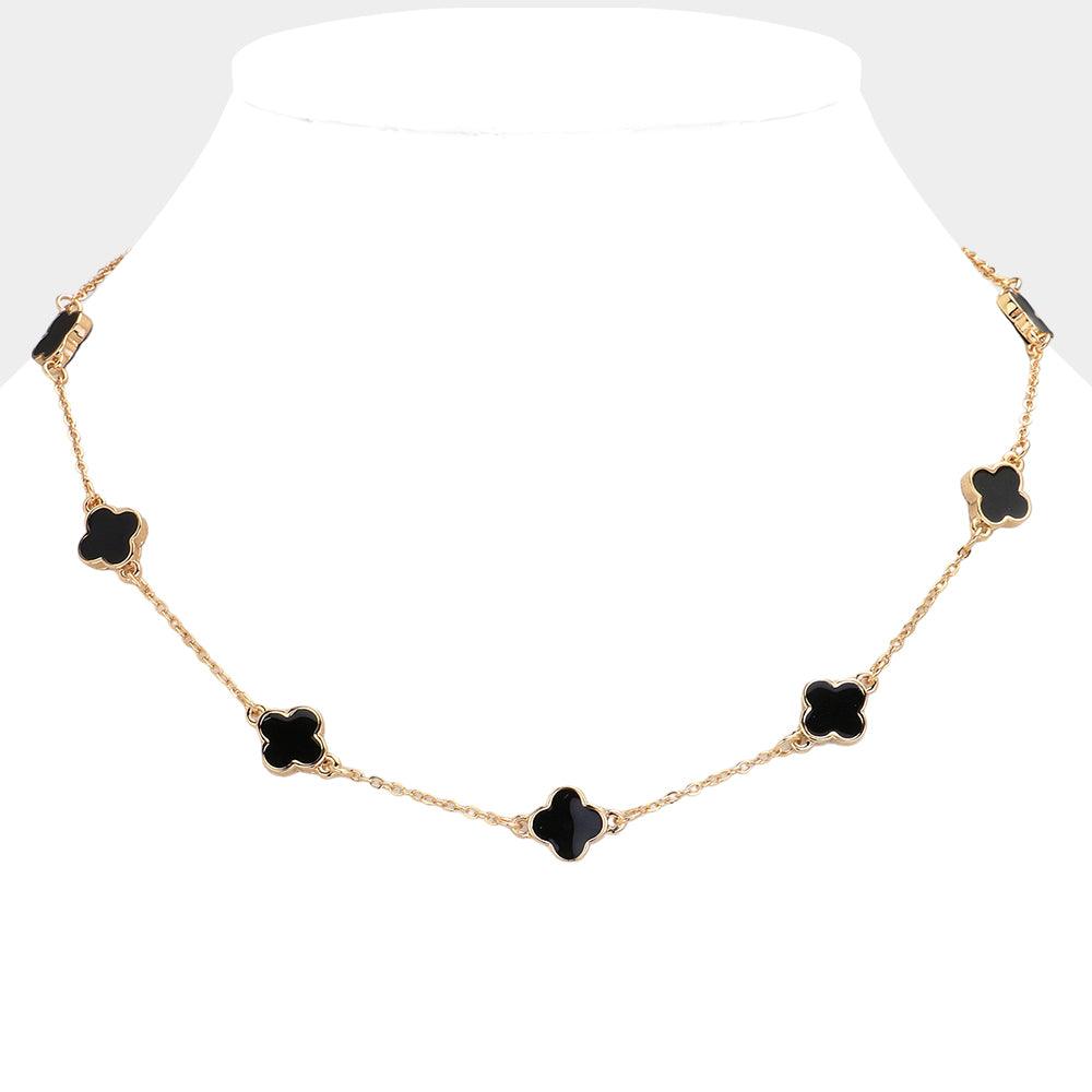 Black Quatrefoil Station Necklace
