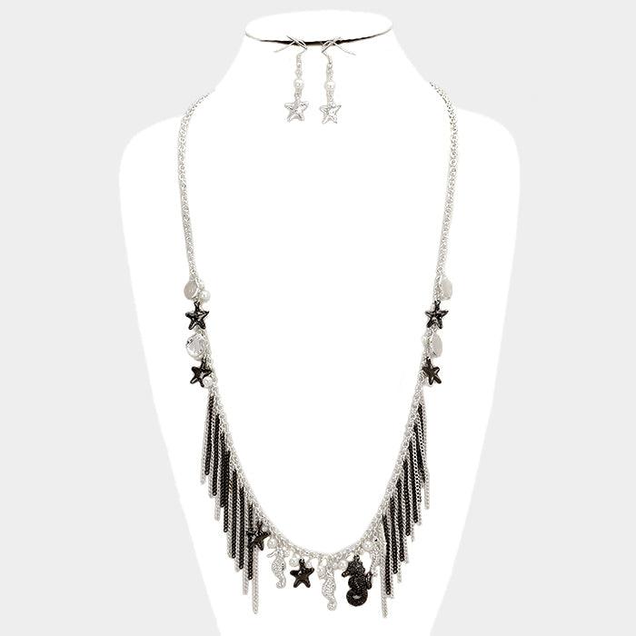 Hematite Seahorse & starfish fringe necklace