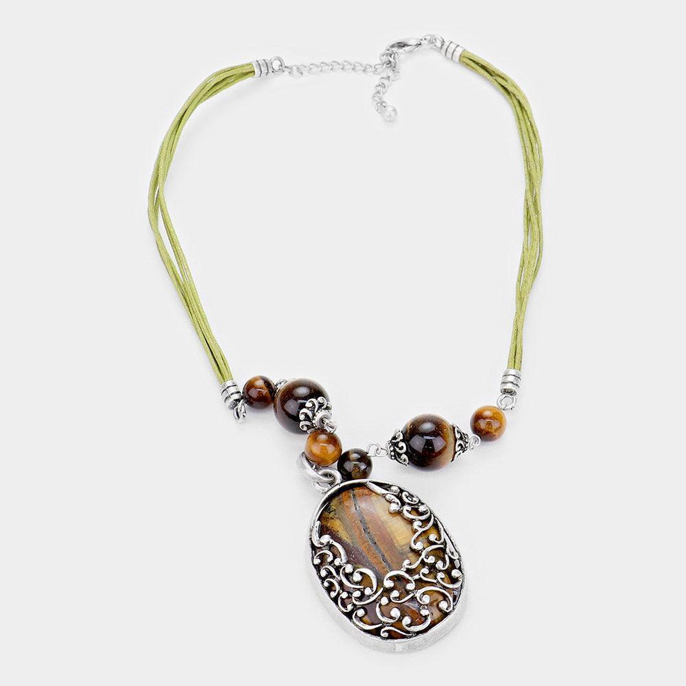 Silver Oval Natural Stone Embossed Metal Pendant Necklace - Jewelry Store by Erik Rayo