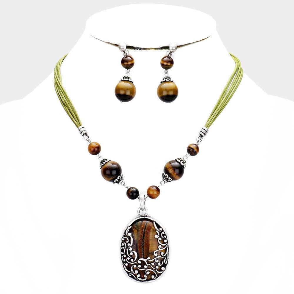 Silver Oval Natural Stone Embossed Metal Pendant Necklace - Jewelry Store by Erik Rayo