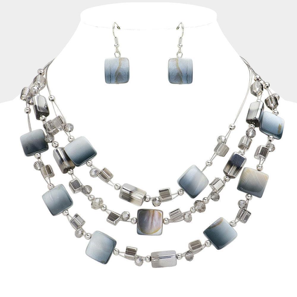 Black Marbled Square Bead Accented Triple Layered Bib Necklace - Jewelry Store by Erik Rayo