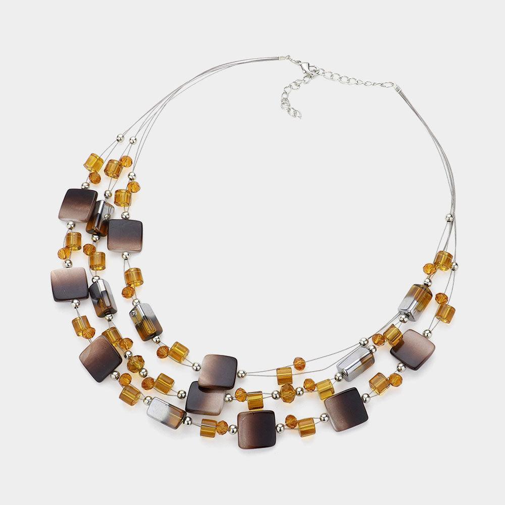 Brown Marbled Square Bead Accented Triple Layered Bib Necklace - Jewelry Store by Erik Rayo