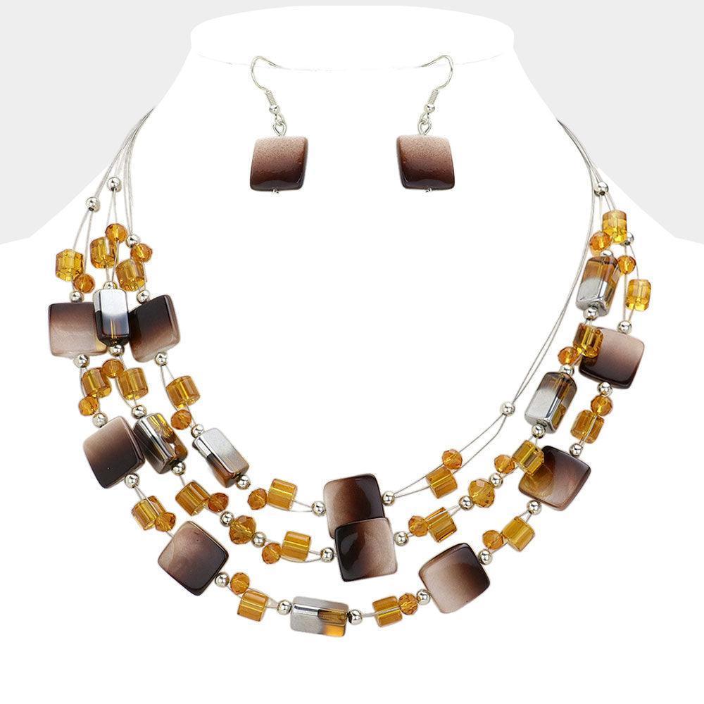 Brown Marbled Square Bead Accented Triple Layered Bib Necklace - Jewelry Store by Erik Rayo